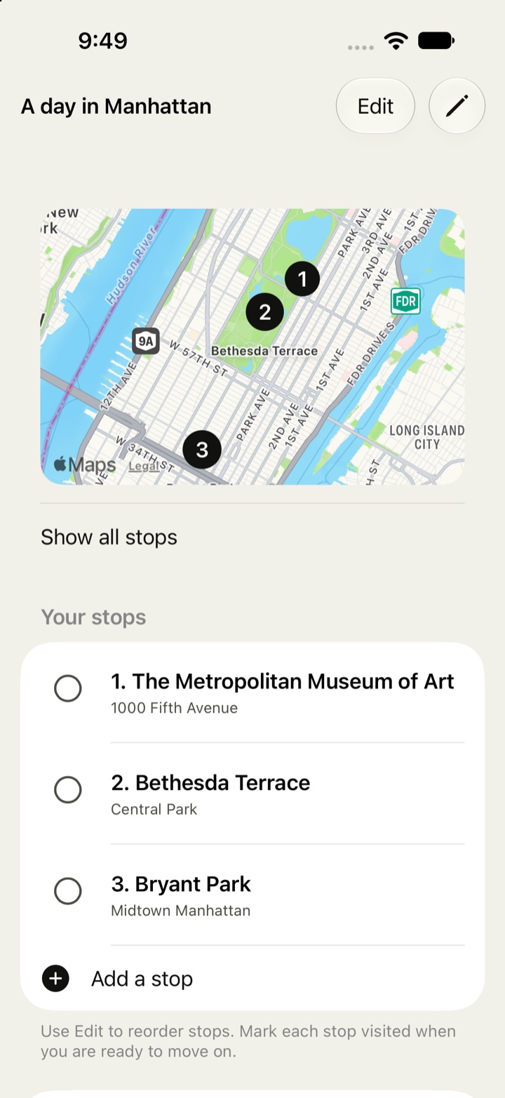 BoroWay 1.0.9 preview showing a saved Manhattan day with the Metropolitan Museum of Art, Bethesda Terrace and Bryant Park on a map